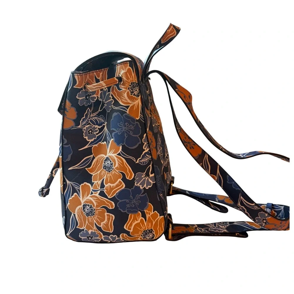 Jacklyn SmithFloral Print Faux Leather Drawstring Backpack Navy Orange Botanical